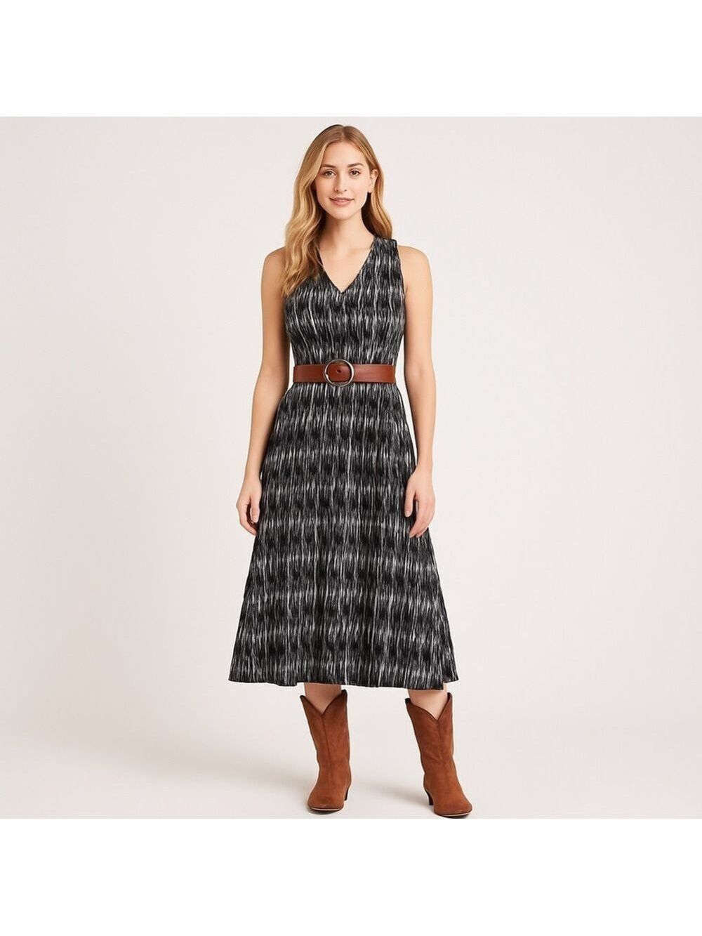 Carmen Marc Valvo Elegant Black White Abstract Sleeveless Midi Dress Size 6